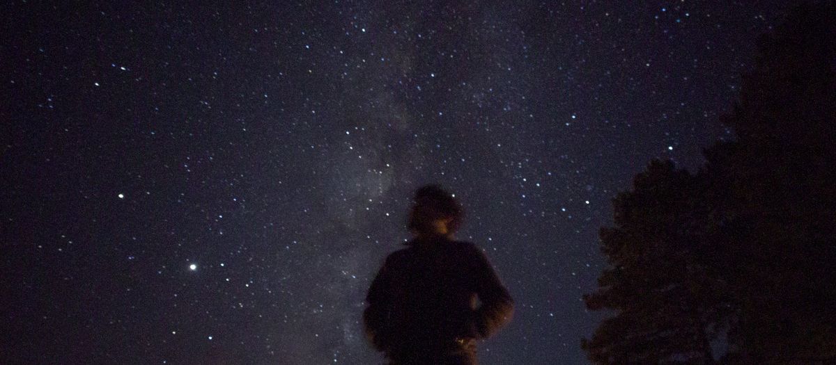 Person stands under a vast starry sky, gazing into the Milky Way on a clear night.
