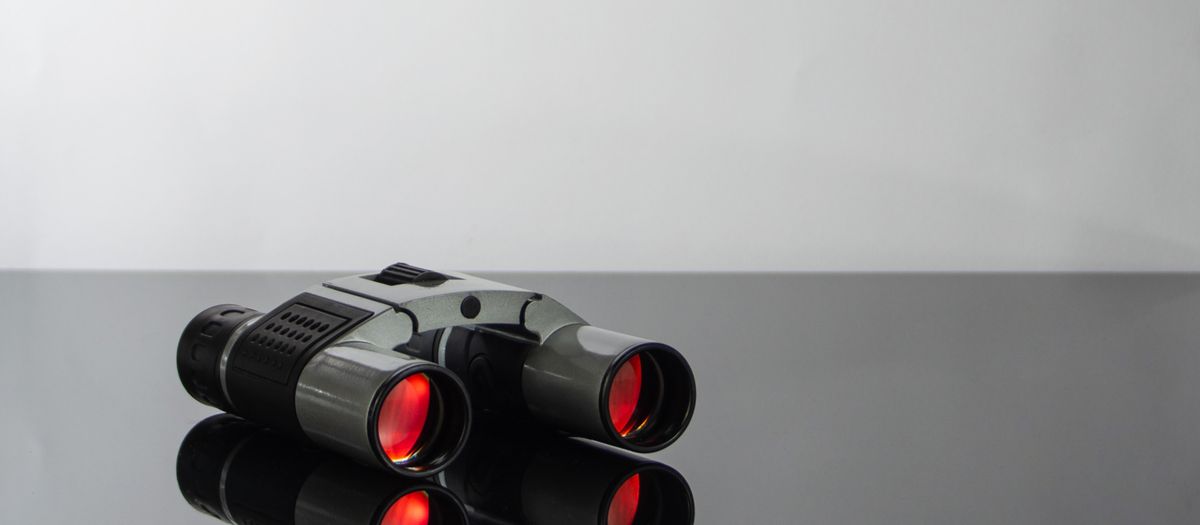 Two binoculars side by side on a wooden table, one slim roof-prism and one stepped porro.