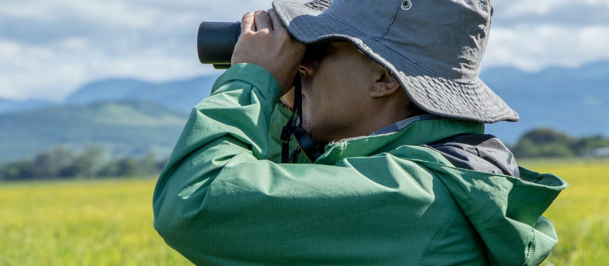Man in a bucket hat observing nature with binoculars in a lush green field.