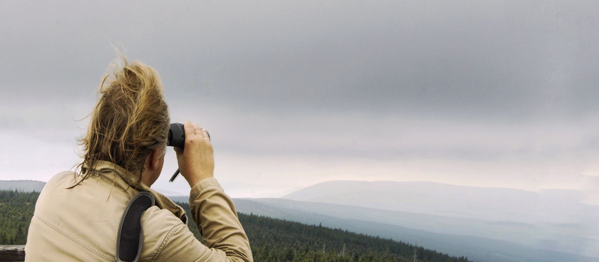 A person views a misty mountain landscape with binoculars from a wooden railing.